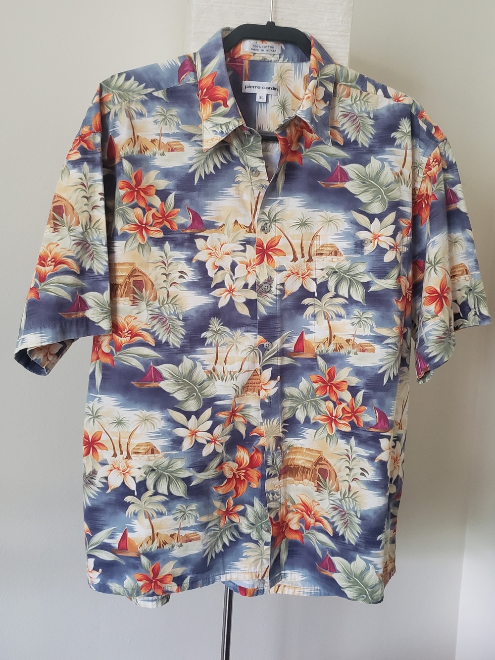 Vintage Pierre Cardin Blue Floral Hawaiian Shirt Men's XL Cotton